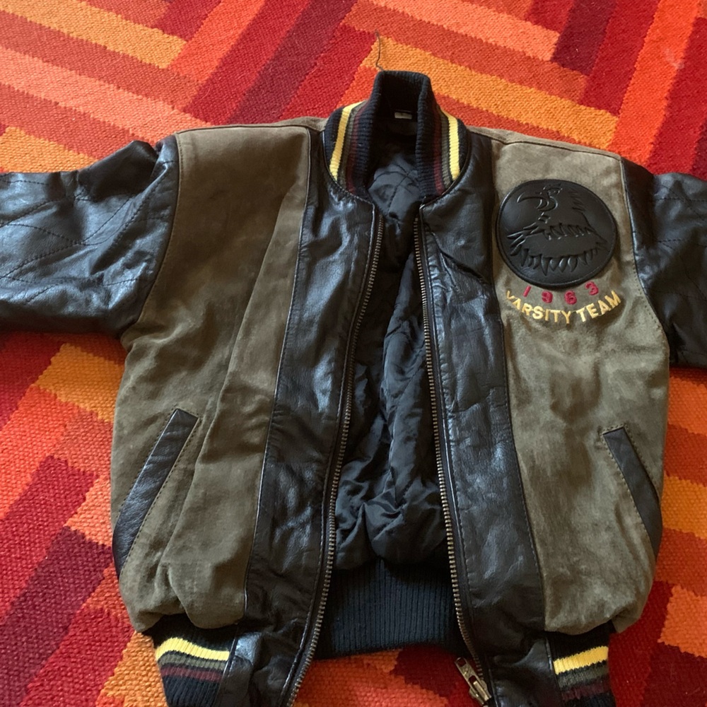Black and Brown Leather and Suede Varsity Bomber Jacket with Ribbed Cuffs